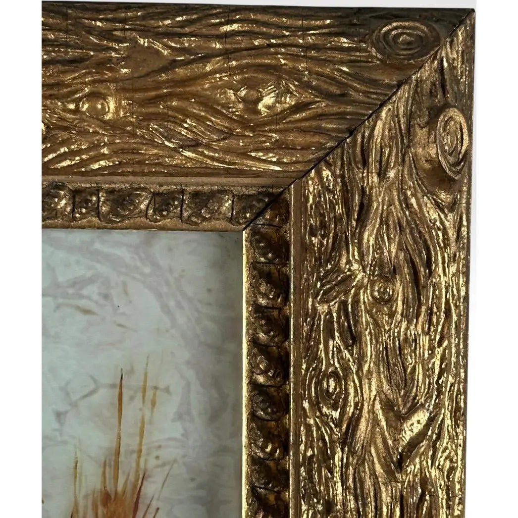 Antique 19th Century Floral Oil Painting on Glass Pane in Victorian Faux Bois Gilt Frame