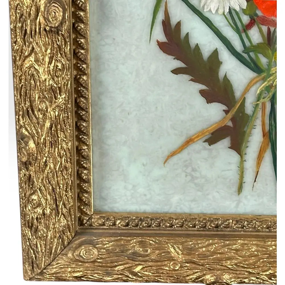 Antique 19th Century Floral Oil Painting on Glass Pane in Victorian Faux Bois Gilt Frame