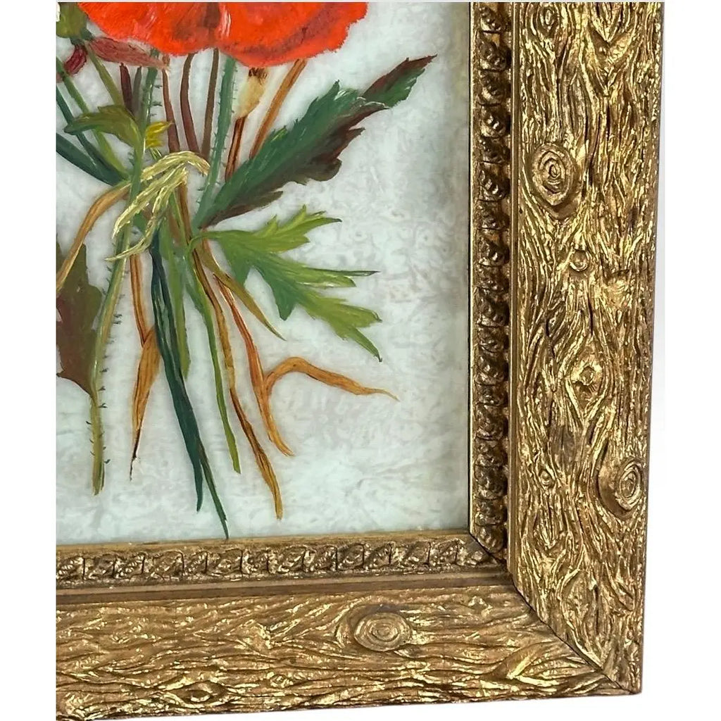 Antique 19th Century Floral Oil Painting on Glass Pane in Victorian Faux Bois Gilt Frame