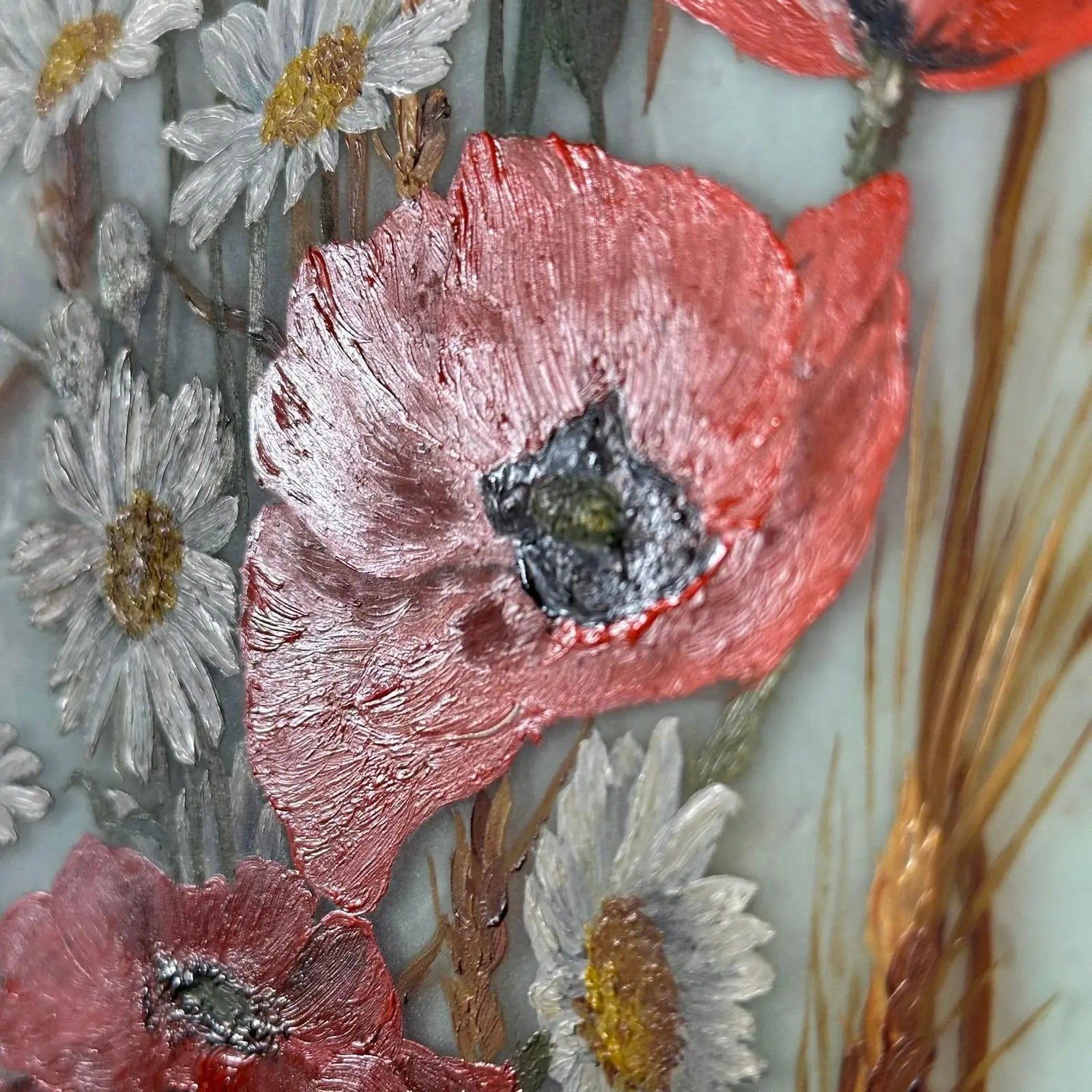 Antique 19th Century Floral Oil Painting on Glass Pane in Victorian Faux Bois Gilt Frame