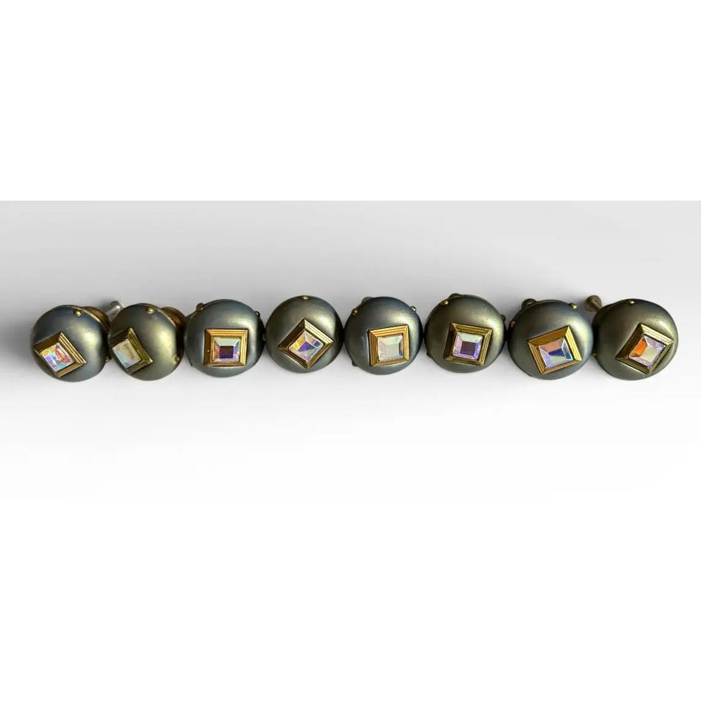 Set Of Eight Hollywood Regency Metallic Wood Knobs With Iridescent Aurora Borealis Gems