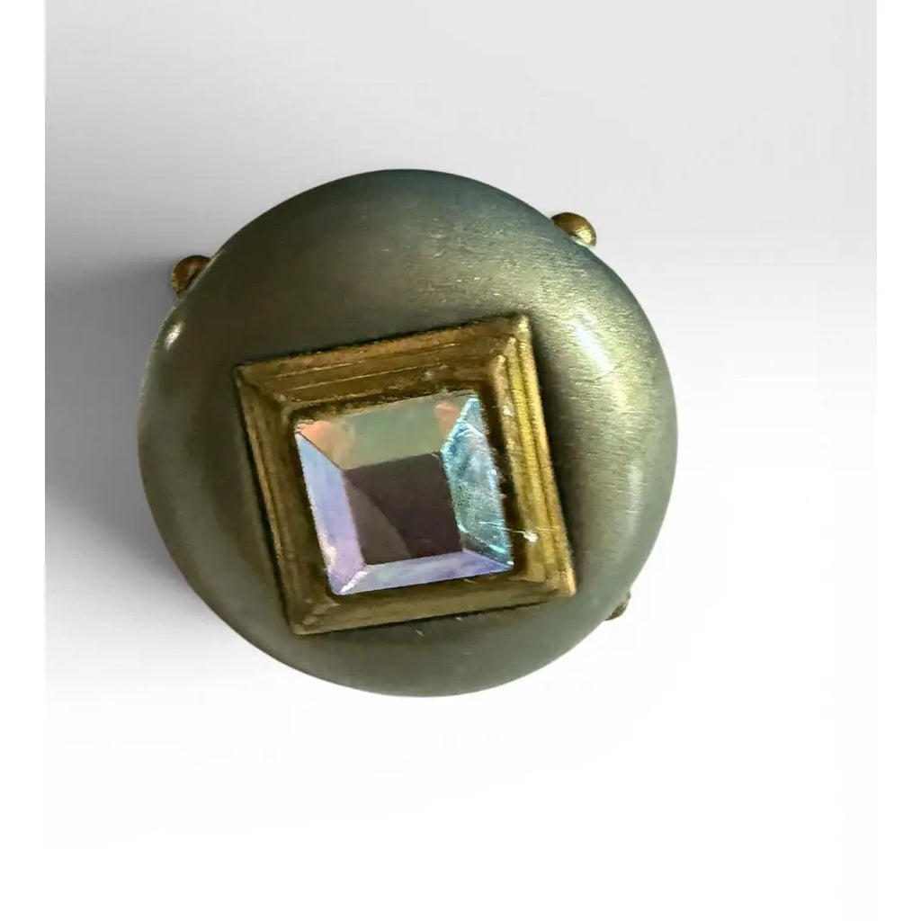 Set Of Eight Hollywood Regency Metallic Wood Knobs With Iridescent Aurora Borealis Gems