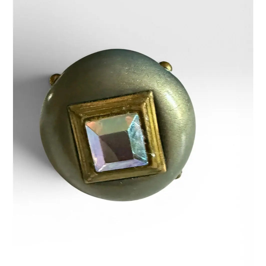 Set Of Eight Hollywood Regency Metallic Wood Knobs With Iridescent Aurora Borealis Gems