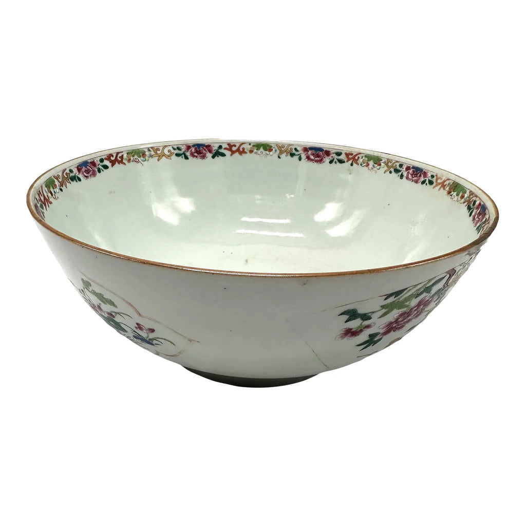 18th C. Qianlong Chinese Export Famille Rose Gilt 12 Inch Punch Bowl, Antique Qing Dynasty Chinoiserie Porcelain Centerpiece, Mandarin Palette