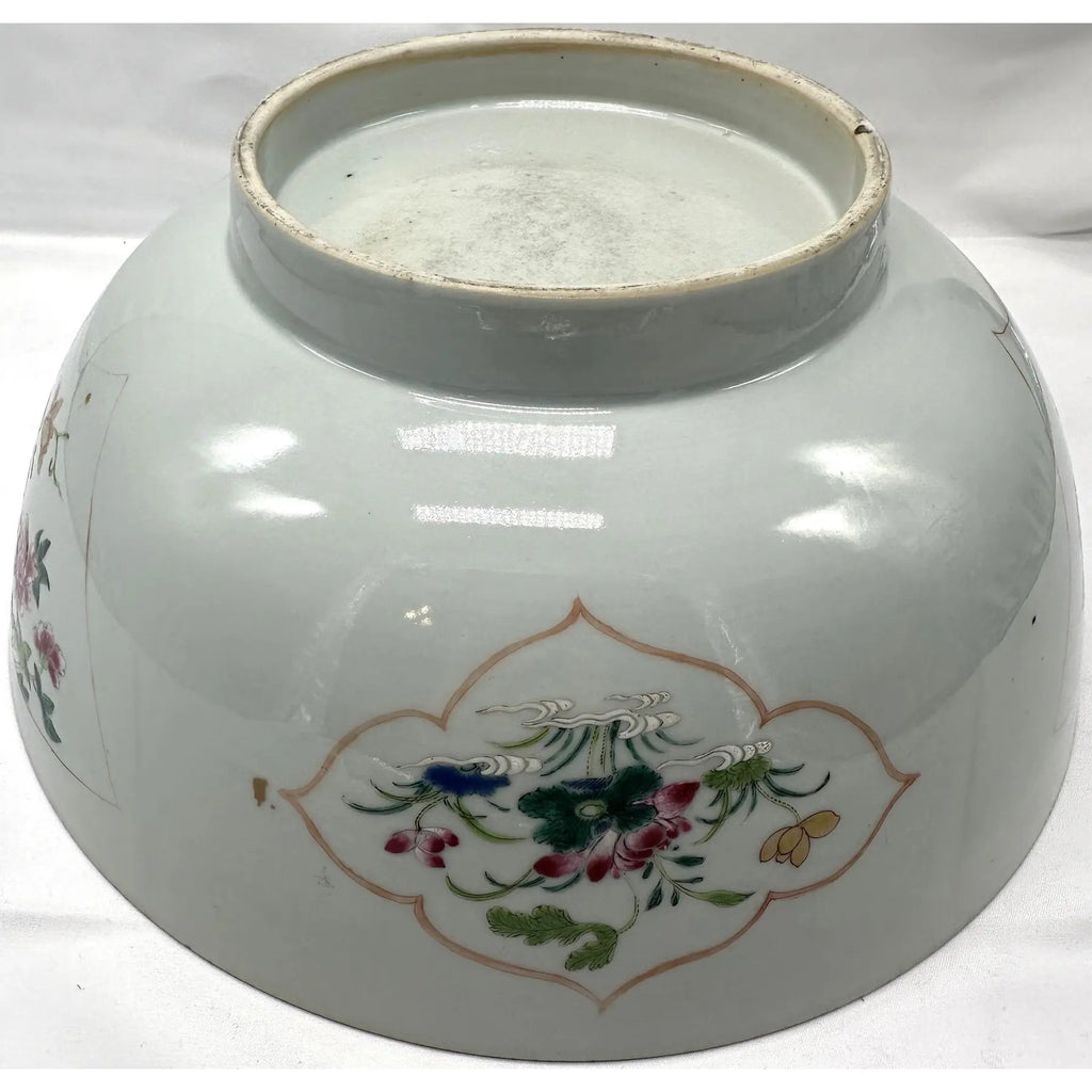18th C. Qianlong Chinese Export Famille Rose Gilt 12 Inch Punch Bowl, Antique Qing Dynasty Chinoiserie Porcelain Centerpiece, Mandarin Palette