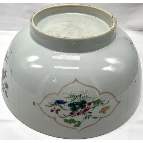 18th C. Qianlong Chinese Export Famille Rose Gilt 12 Inch Punch Bowl, Antique Qing Dynasty Chinoiserie Porcelain Centerpiece, Mandarin Palette