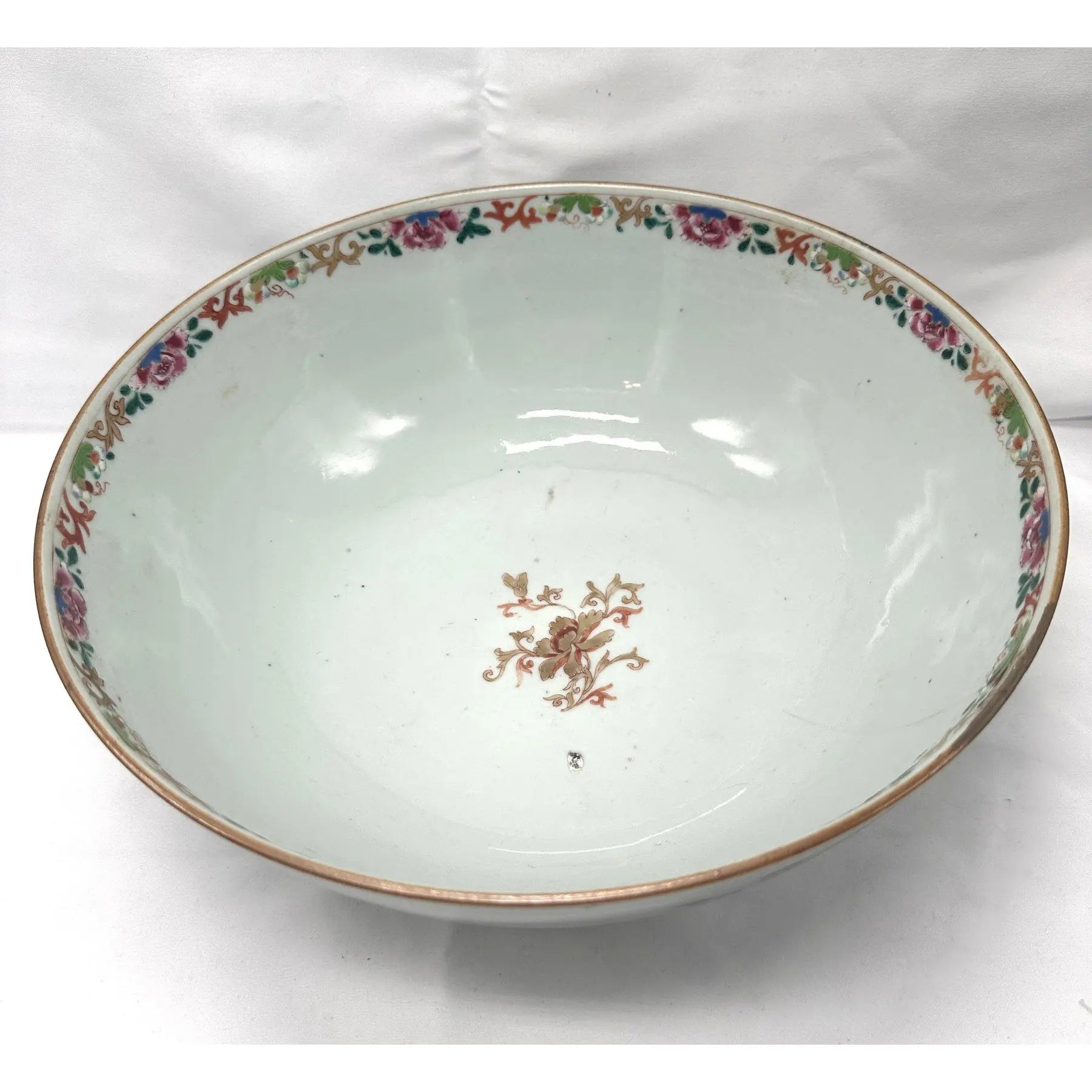 18th C. Qianlong Chinese Export Famille Rose Gilt 12 Inch Punch Bowl, Antique Qing Dynasty Chinoiserie Porcelain Centerpiece, Mandarin Palette