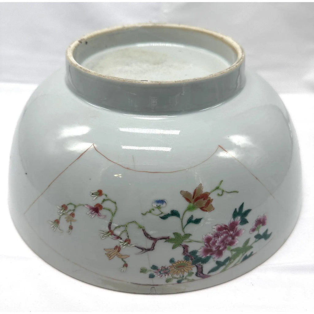 18th C. Qianlong Chinese Export Famille Rose Gilt 12 Inch Punch Bowl, Antique Qing Dynasty Chinoiserie Porcelain Centerpiece, Mandarin Palette