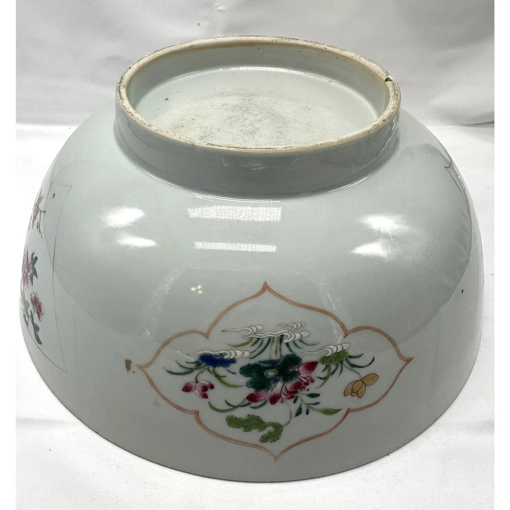 18th C. Qianlong Chinese Export Famille Rose Gilt 12 Inch Punch Bowl, Antique Qing Dynasty Chinoiserie Porcelain Centerpiece, Mandarin Palette