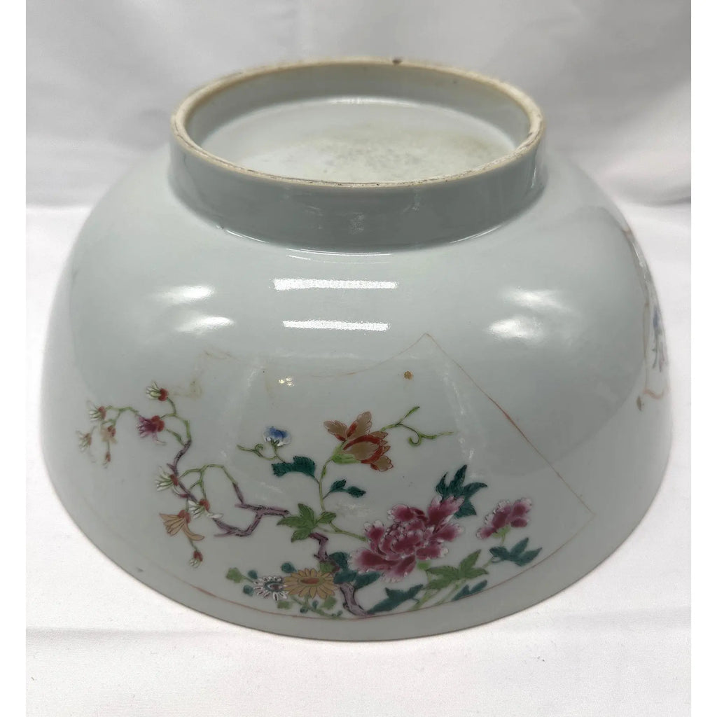 18th C. Qianlong Chinese Export Famille Rose Gilt 12 Inch Punch Bowl, Antique Qing Dynasty Chinoiserie Porcelain Centerpiece, Mandarin Palette