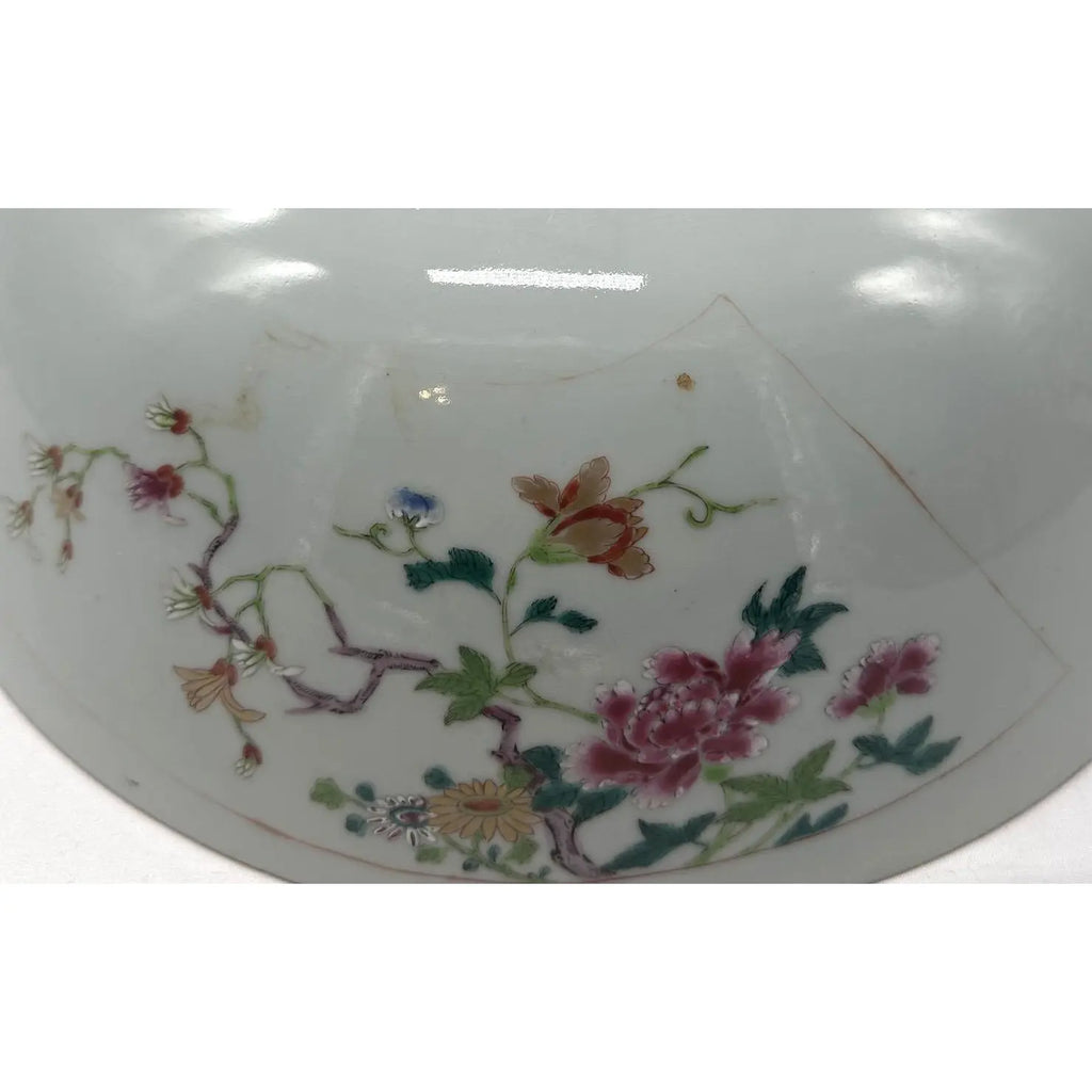 18th C. Qianlong Chinese Export Famille Rose Gilt 12 Inch Punch Bowl, Antique Qing Dynasty Chinoiserie Porcelain Centerpiece, Mandarin Palette