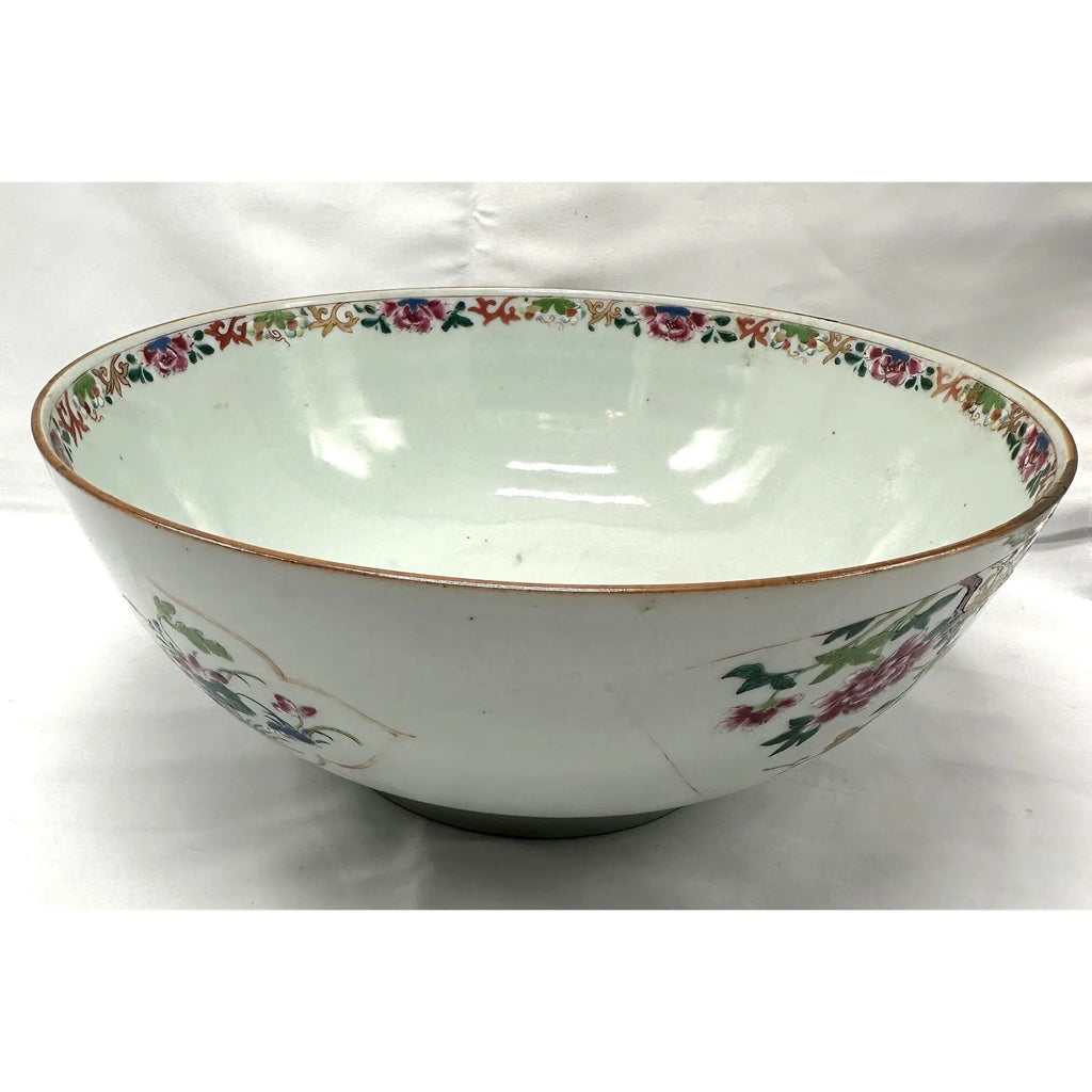 18th C. Qianlong Chinese Export Famille Rose Gilt 12 Inch Punch Bowl, Antique Qing Dynasty Chinoiserie Porcelain Centerpiece, Mandarin Palette