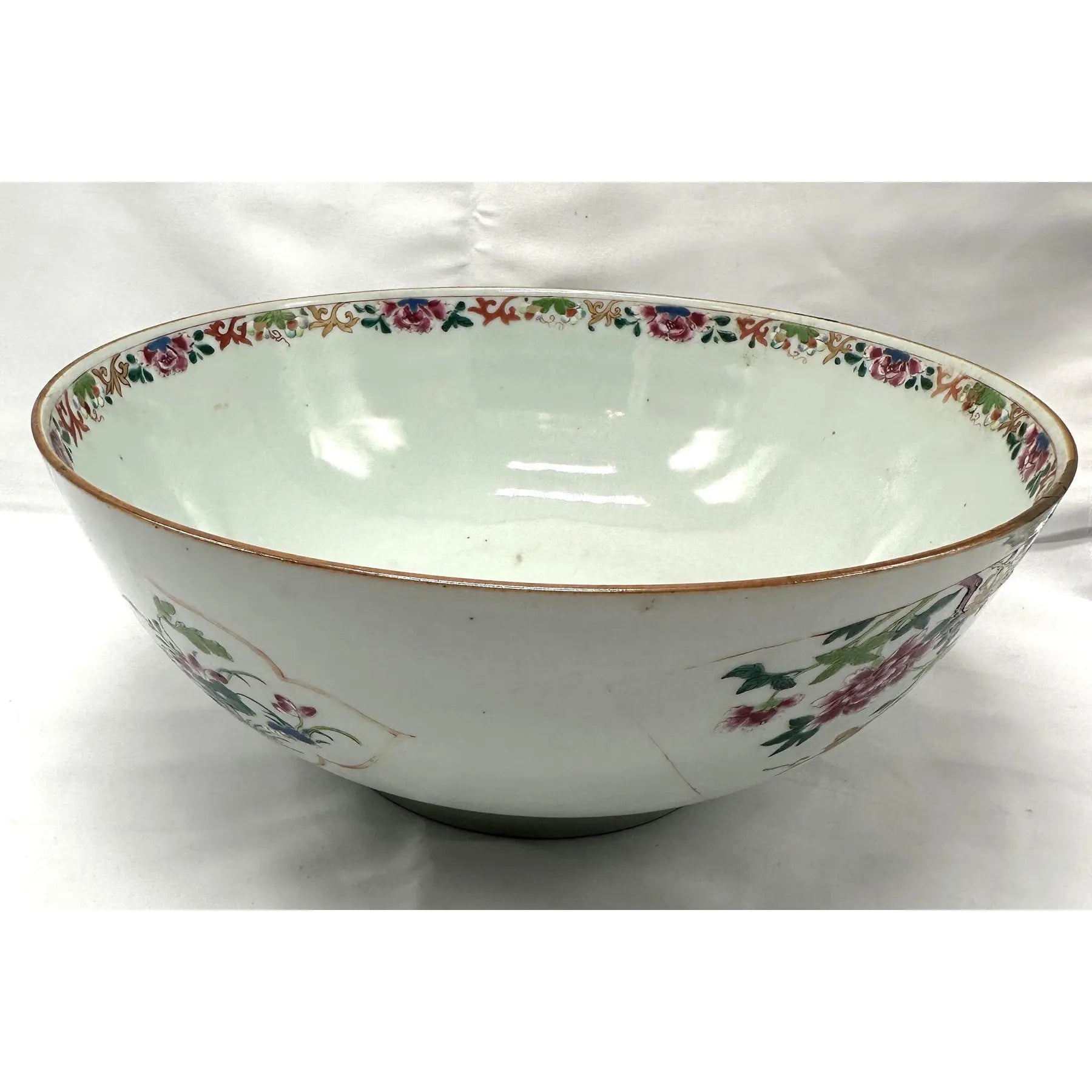 18th C. Qianlong Chinese Export Famille Rose Gilt 12 Inch Punch Bowl, Antique Qing Dynasty Chinoiserie Porcelain Centerpiece, Mandarin Palette