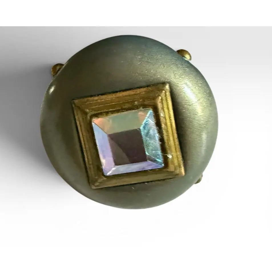 Set Of Eight Hollywood Regency Metallic Wood Knobs With Iridescent Aurora Borealis Gems