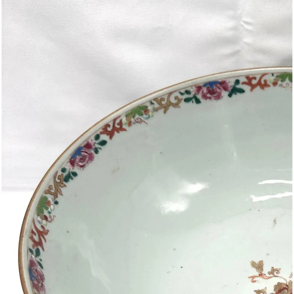 18th C. Qianlong Chinese Export Famille Rose Gilt 12 Inch Punch Bowl, Antique Qing Dynasty Chinoiserie Porcelain Centerpiece, Mandarin Palette