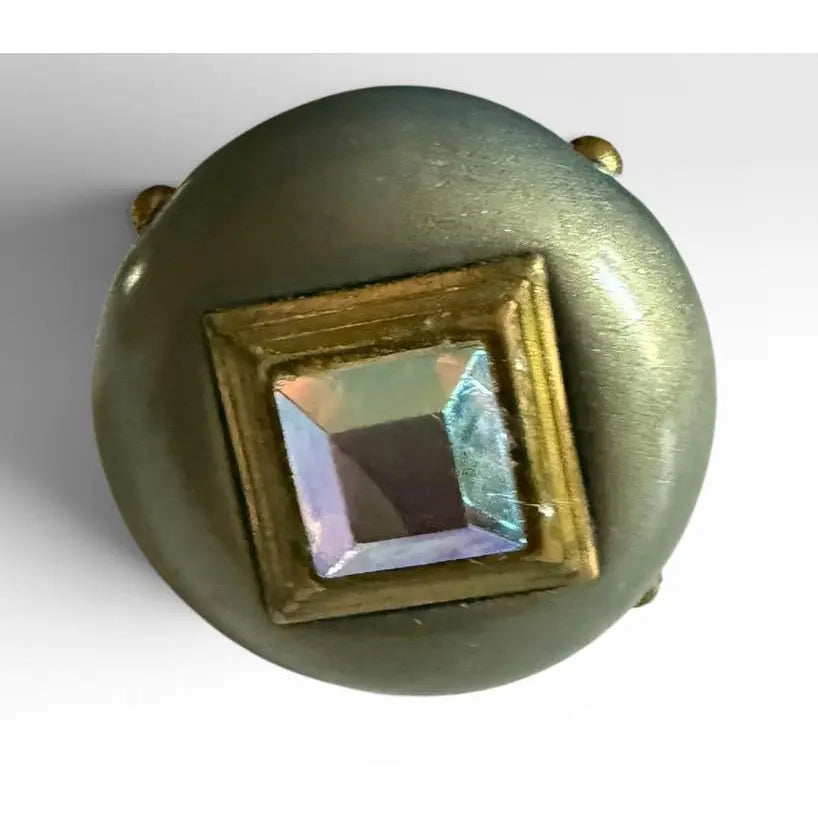Set Of Eight Hollywood Regency Metallic Wood Knobs With Iridescent Aurora Borealis Gems