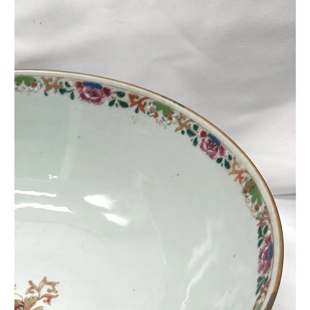 18th C. Qianlong Chinese Export Famille Rose Gilt 12 Inch Punch Bowl, Antique Qing Dynasty Chinoiserie Porcelain Centerpiece, Mandarin Palette