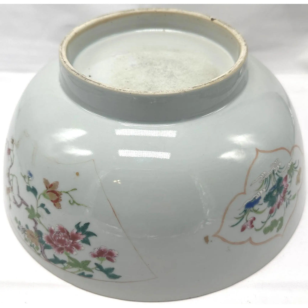 18th C. Qianlong Chinese Export Famille Rose Gilt 12 Inch Punch Bowl, Antique Qing Dynasty Chinoiserie Porcelain Centerpiece, Mandarin Palette