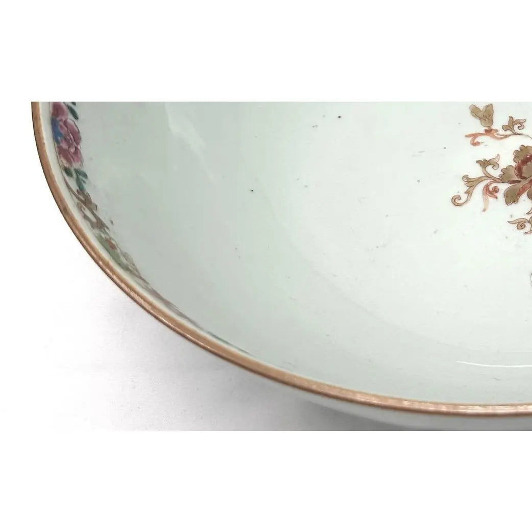 18th C. Qianlong Chinese Export Famille Rose Gilt 12 Inch Punch Bowl, Antique Qing Dynasty Chinoiserie Porcelain Centerpiece, Mandarin Palette