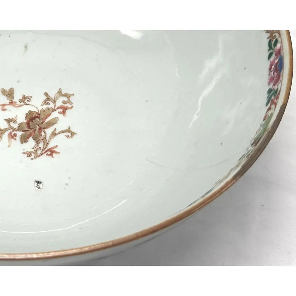 18th C. Qianlong Chinese Export Famille Rose Gilt 12 Inch Punch Bowl, Antique Qing Dynasty Chinoiserie Porcelain Centerpiece, Mandarin Palette