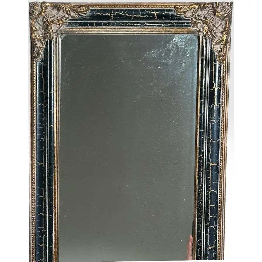 Contemporary Traditional Black Crackle Full Length Mirror With Ornate Gold Gilt Corner Accents