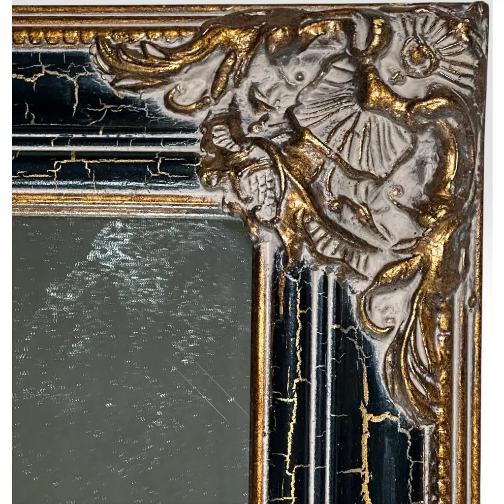Contemporary Traditional Black Crackle Full Length Mirror With Ornate Gold Gilt Corner Accents