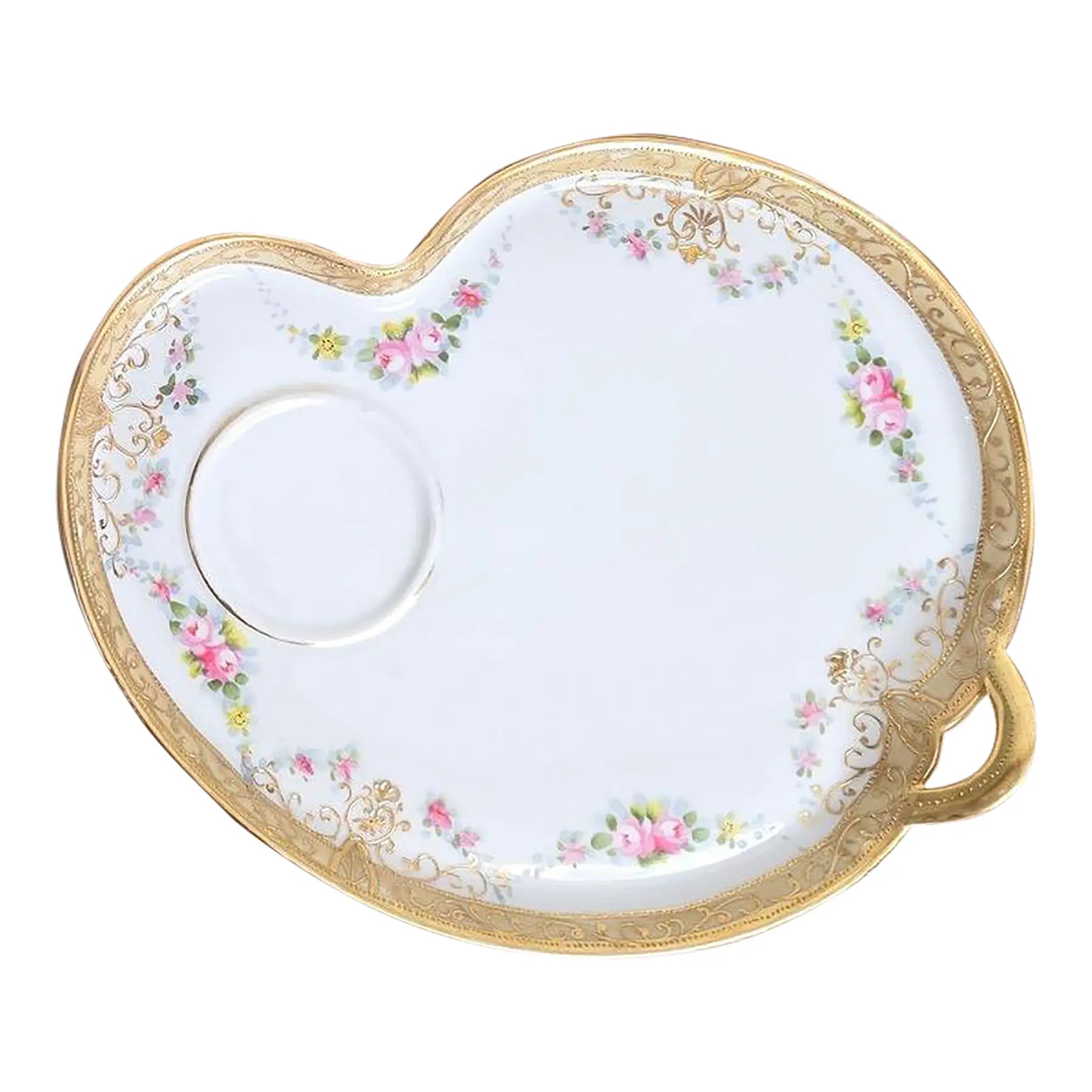 Antique Heart-Shaped Porcelain Tray with Hand-Painted Roses & Gold Gilt