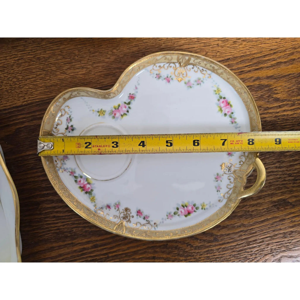 Antique Heart-Shaped Porcelain Tray with Hand-Painted Roses & Gold Gilt