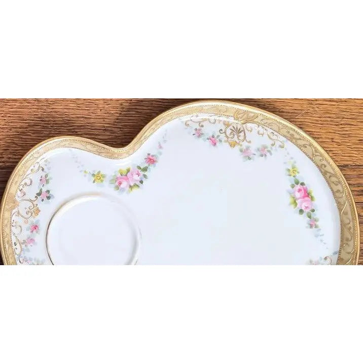 Antique Heart-Shaped Porcelain Tray with Hand-Painted Roses & Gold Gilt