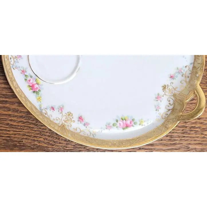 Antique Heart-Shaped Porcelain Tray with Hand-Painted Roses & Gold Gilt