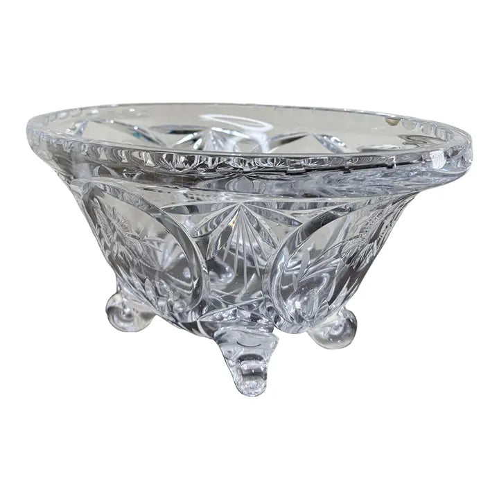 Vintage Cut Crystal Oval Footed Centerpiece Bowl — Starburst & Floral Scalloped Design