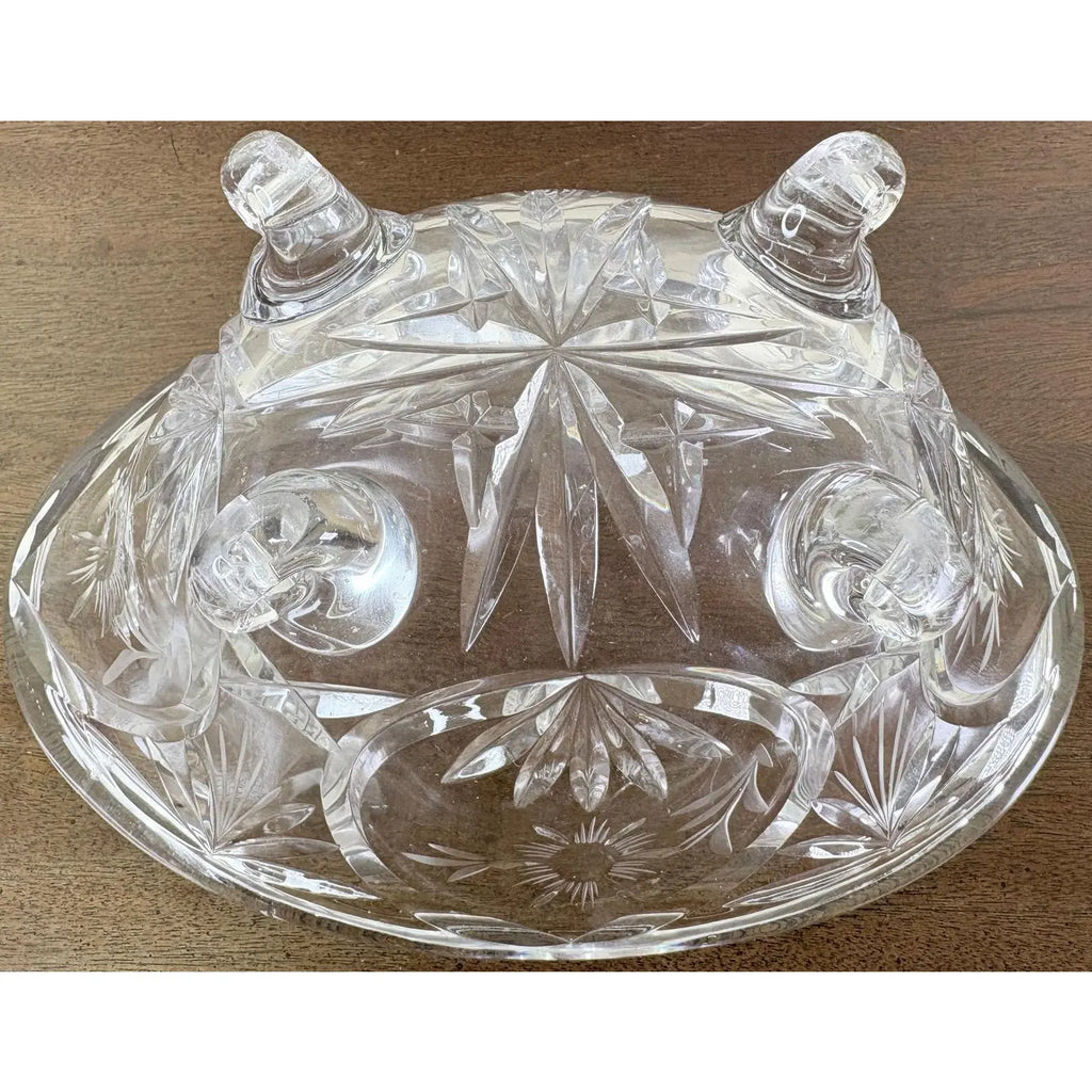 Vintage Cut Crystal Oval Footed Centerpiece Bowl — Starburst & Floral Scalloped Design