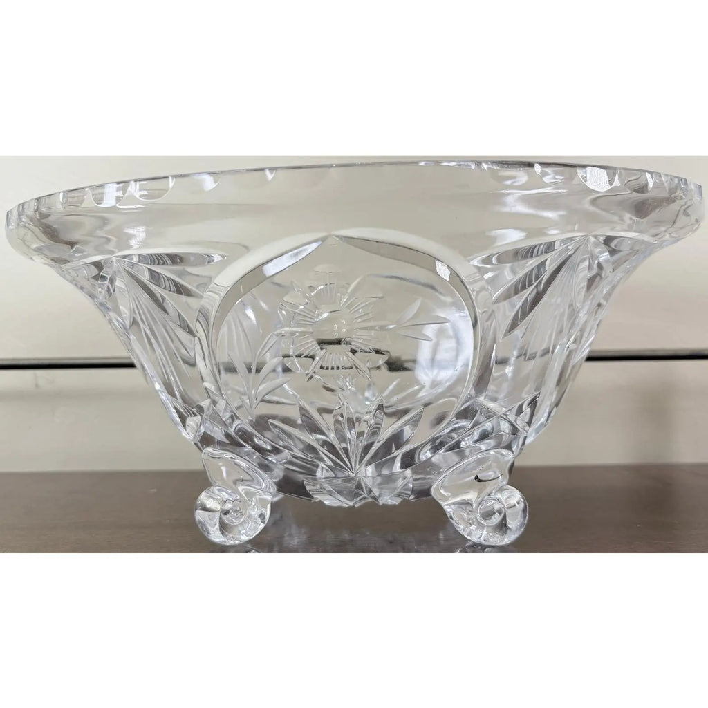 Vintage Cut Crystal Oval Footed Centerpiece Bowl — Starburst & Floral Scalloped Design