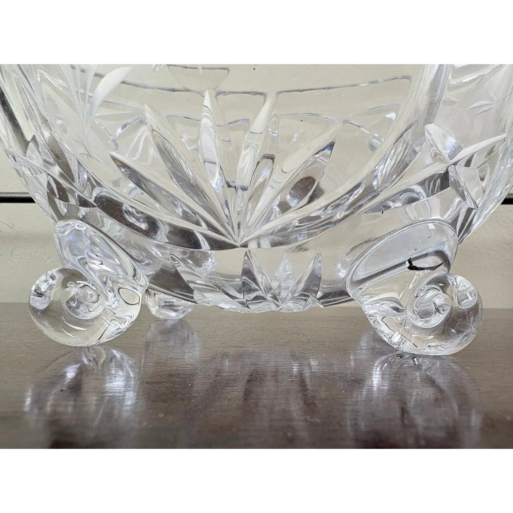 Vintage Cut Crystal Oval Footed Centerpiece Bowl — Starburst & Floral Scalloped Design