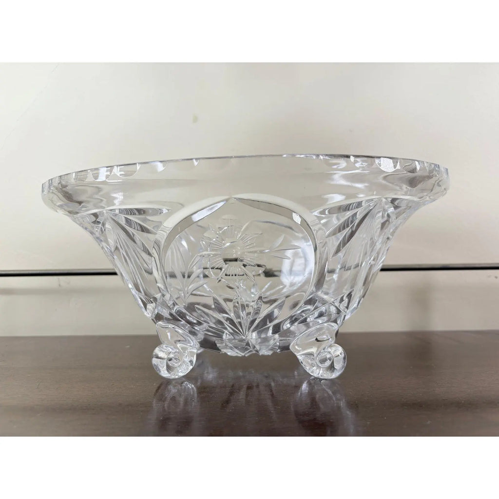 Vintage Cut Crystal Oval Footed Centerpiece Bowl — Starburst & Floral Scalloped Design