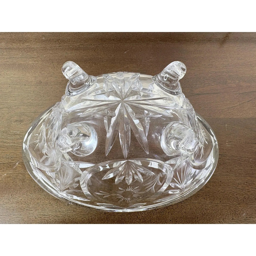 Vintage Cut Crystal Oval Footed Centerpiece Bowl — Starburst & Floral Scalloped Design