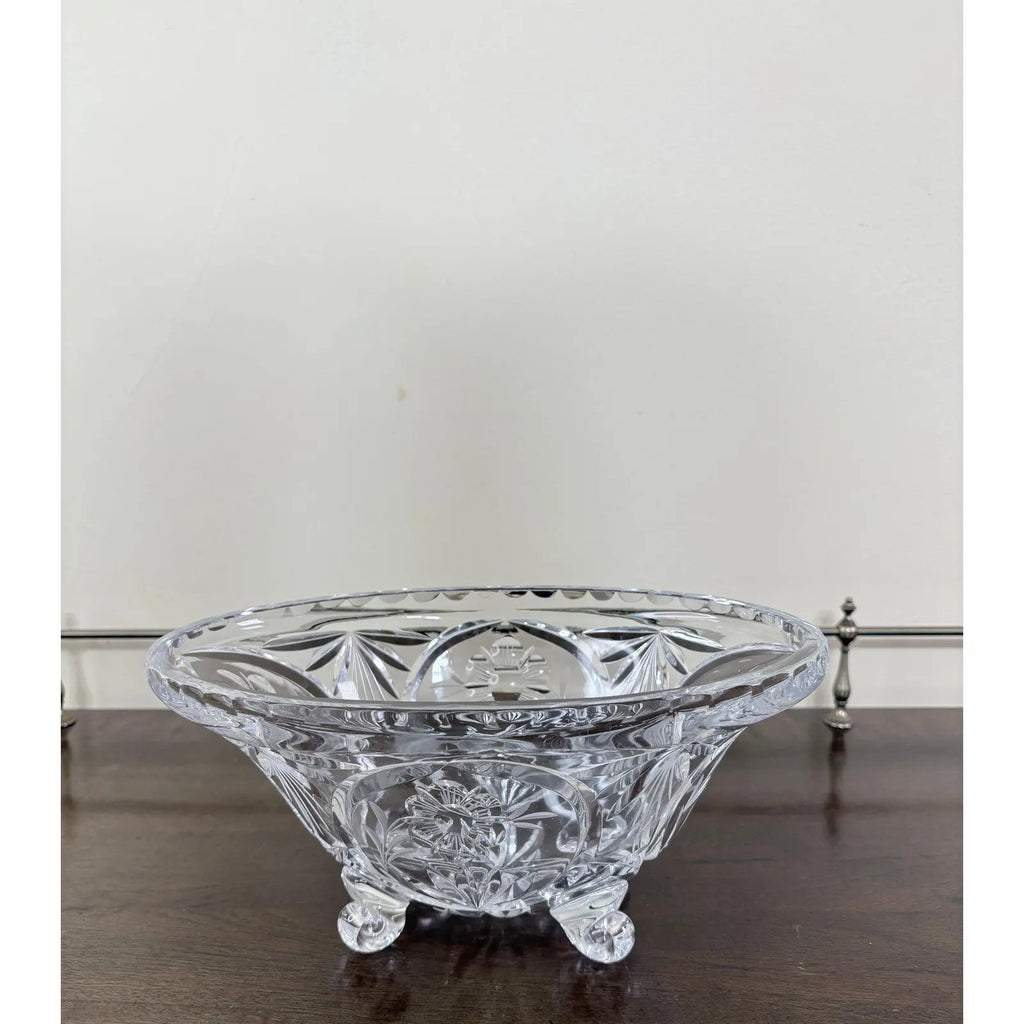 Vintage Cut Crystal Oval Footed Centerpiece Bowl — Starburst & Floral Scalloped Design
