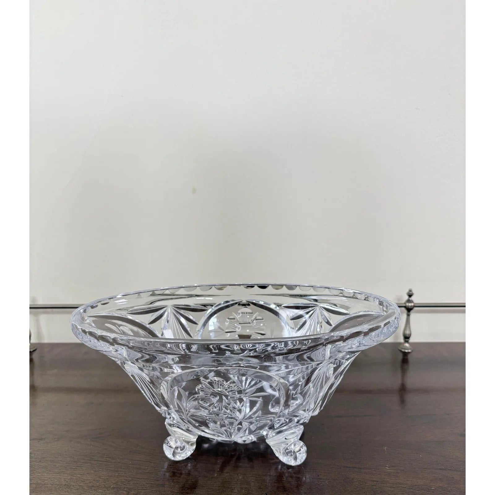 Vintage Cut Crystal Oval Footed Centerpiece Bowl — Starburst & Floral Scalloped Design