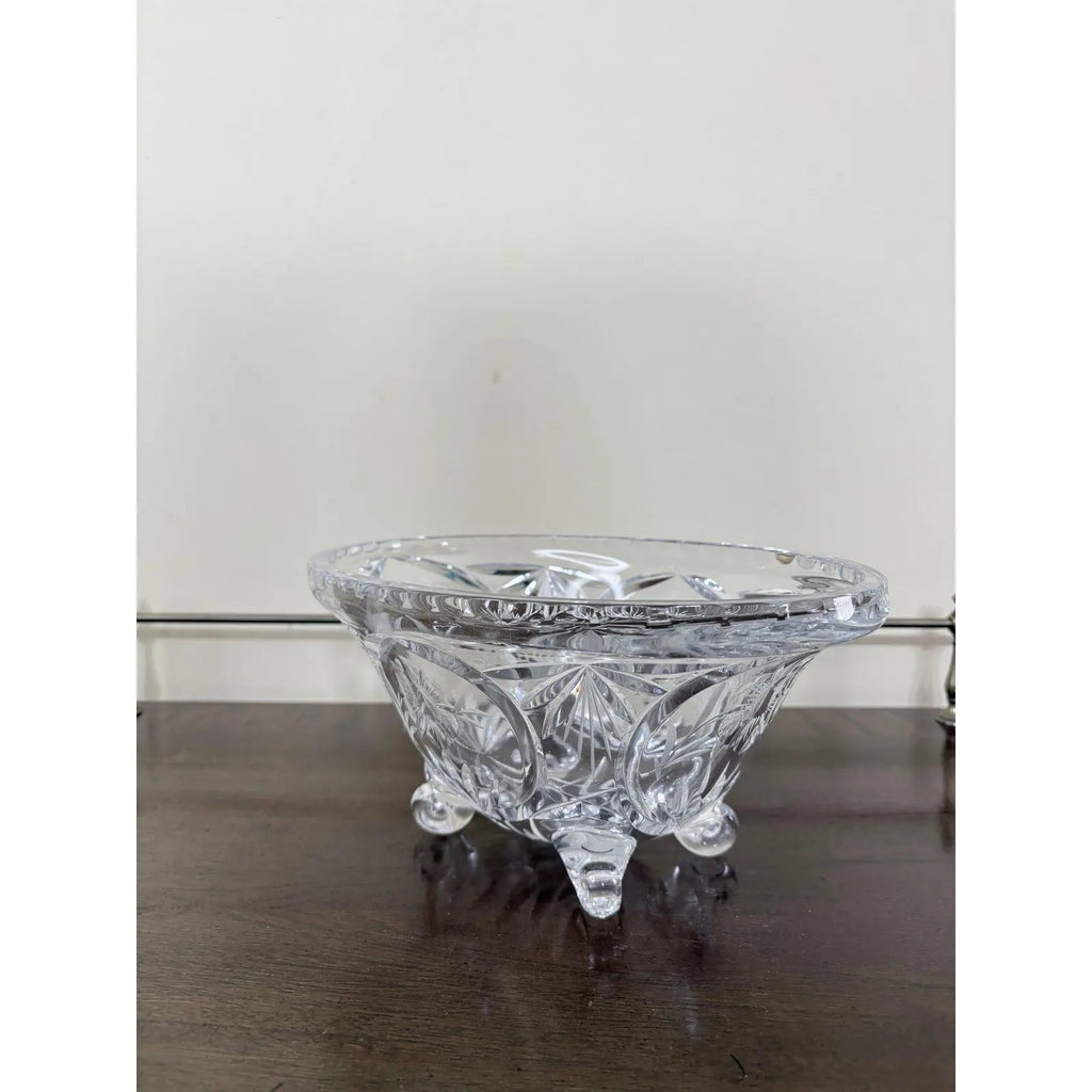 Vintage Cut Crystal Oval Footed Centerpiece Bowl — Starburst & Floral Scalloped Design