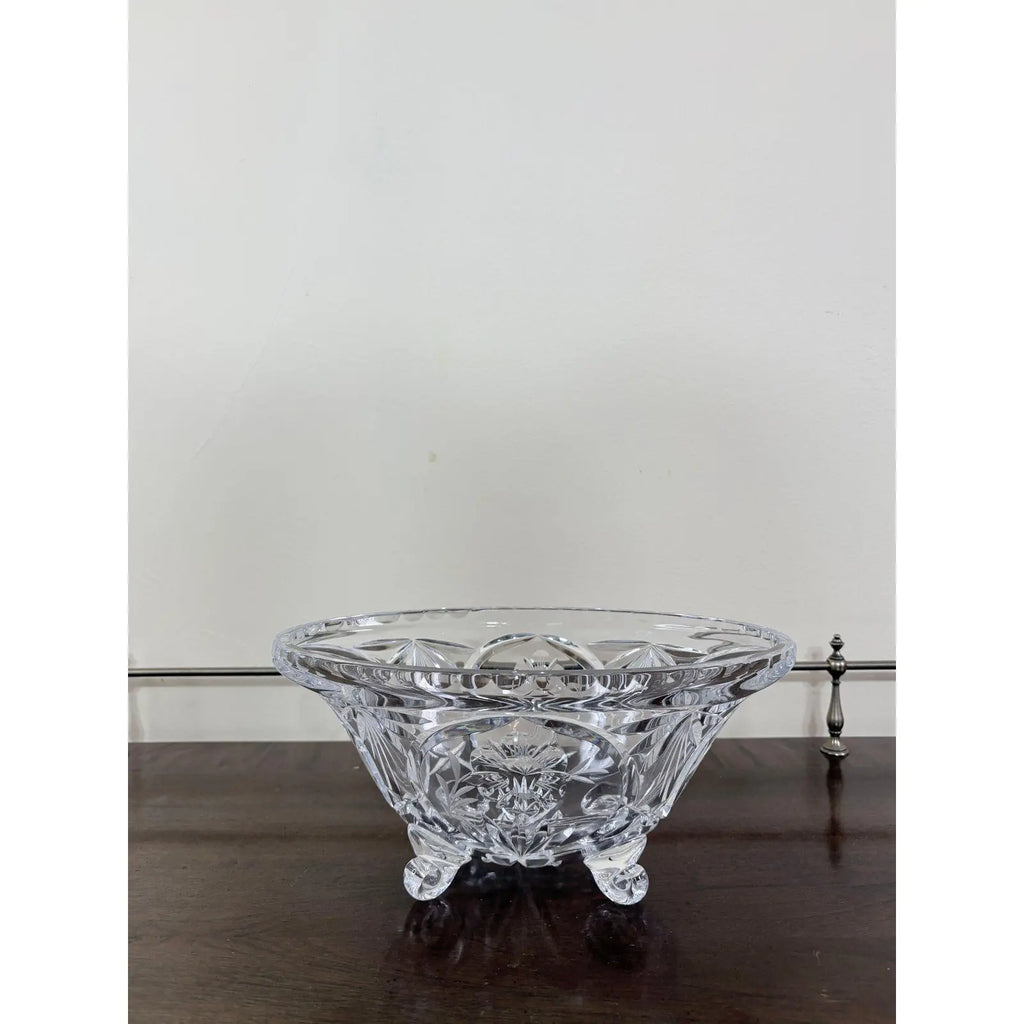 Vintage Cut Crystal Oval Footed Centerpiece Bowl — Starburst & Floral Scalloped Design