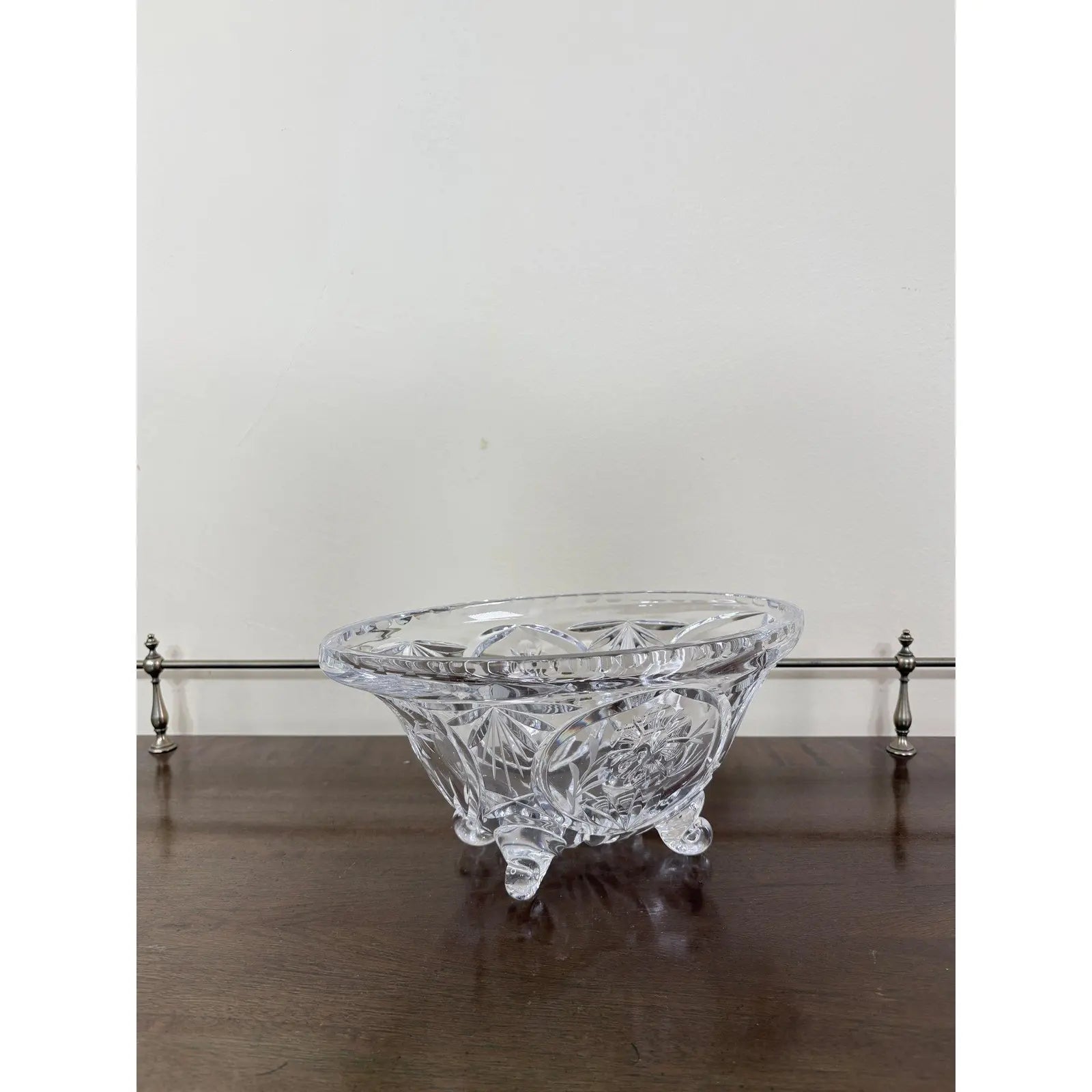 Vintage Cut Crystal Oval Footed Centerpiece Bowl — Starburst & Floral Scalloped Design