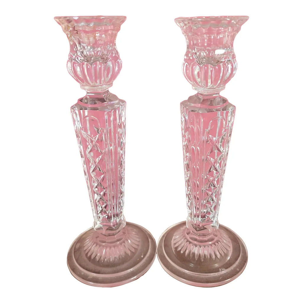 Pair of Vintage Irena Poland 8" Lead Crystal Candlesticks - Diamond & Wedge Cut