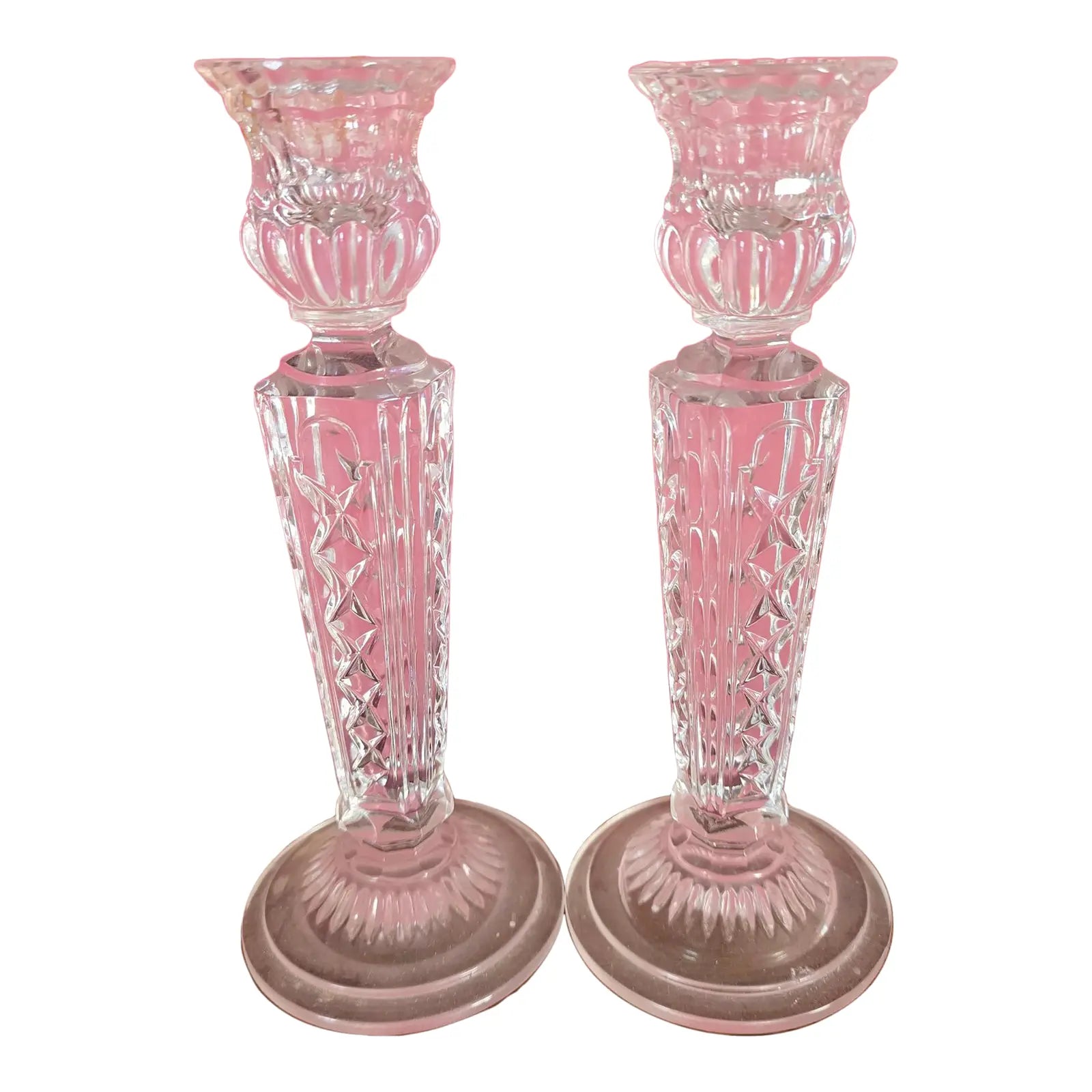 Pair of Vintage Irena Poland 8" Lead Crystal Candlesticks - Diamond & Wedge Cut