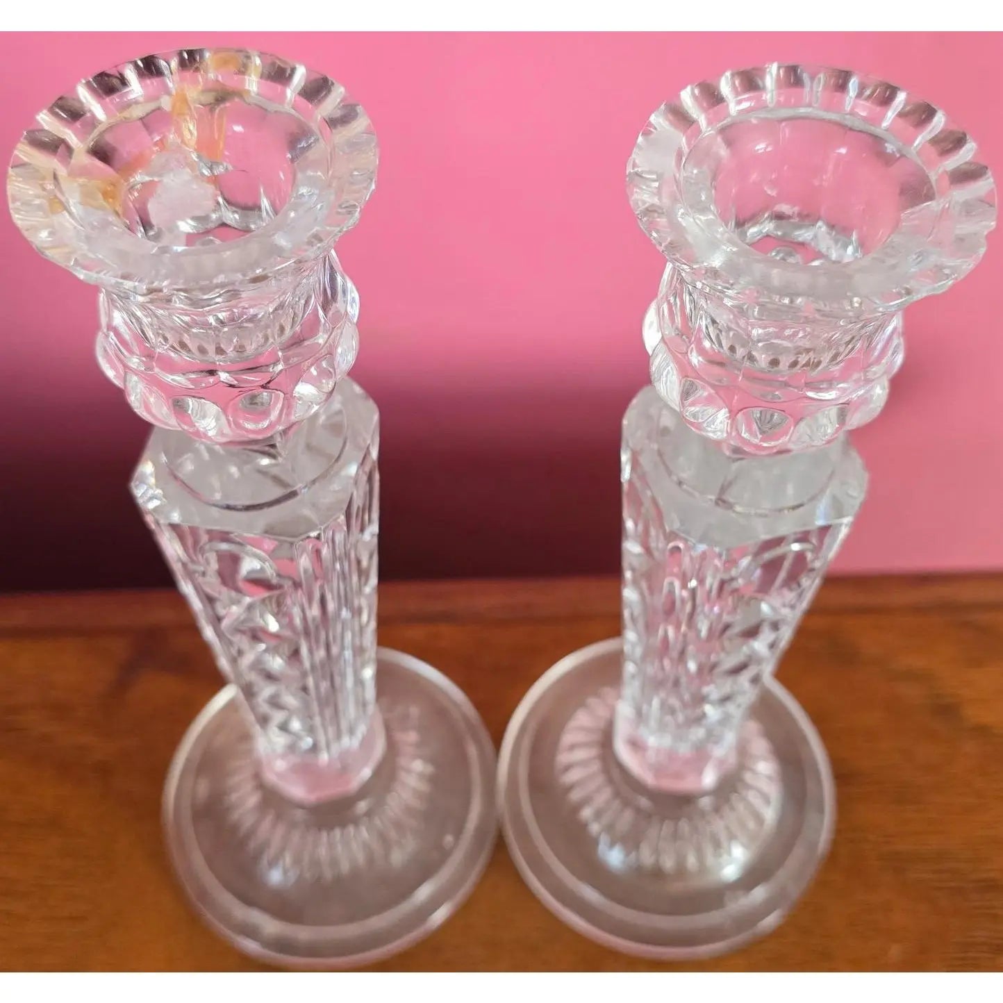 Pair of Vintage Irena Poland 8" Lead Crystal Candlesticks - Diamond & Wedge Cut