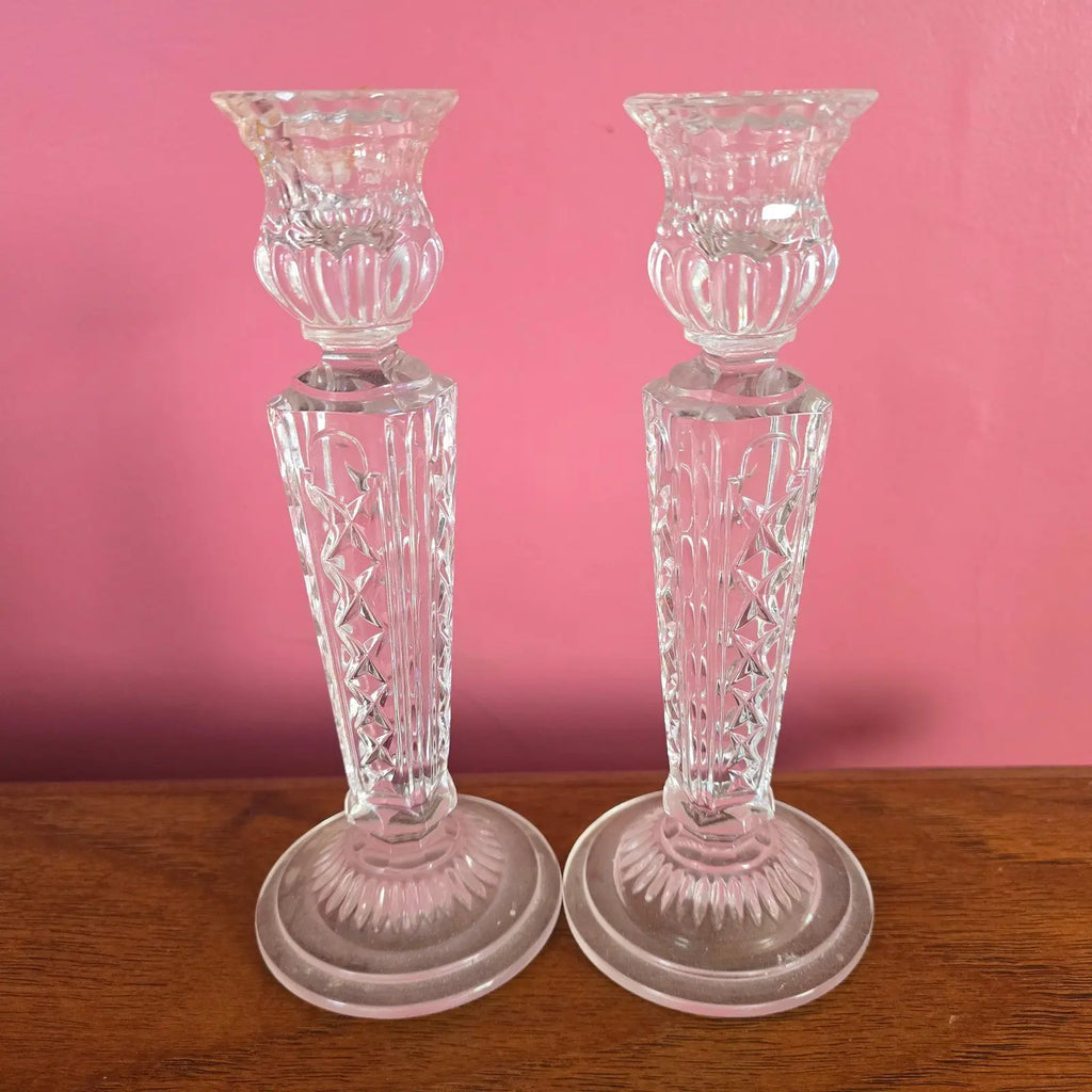 Pair of Vintage Irena Poland 8" Lead Crystal Candlesticks - Diamond & Wedge Cut