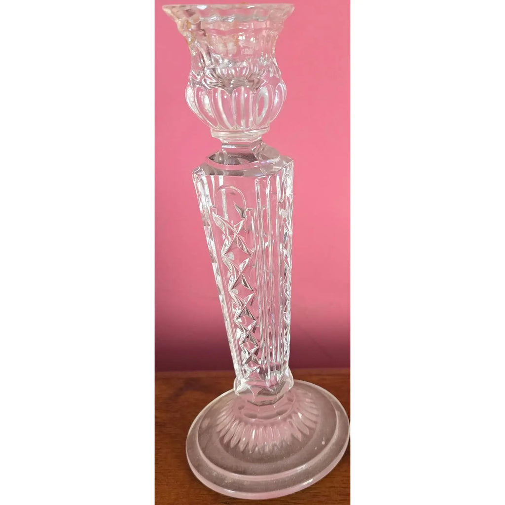 Pair of Vintage Irena Poland 8" Lead Crystal Candlesticks - Diamond & Wedge Cut