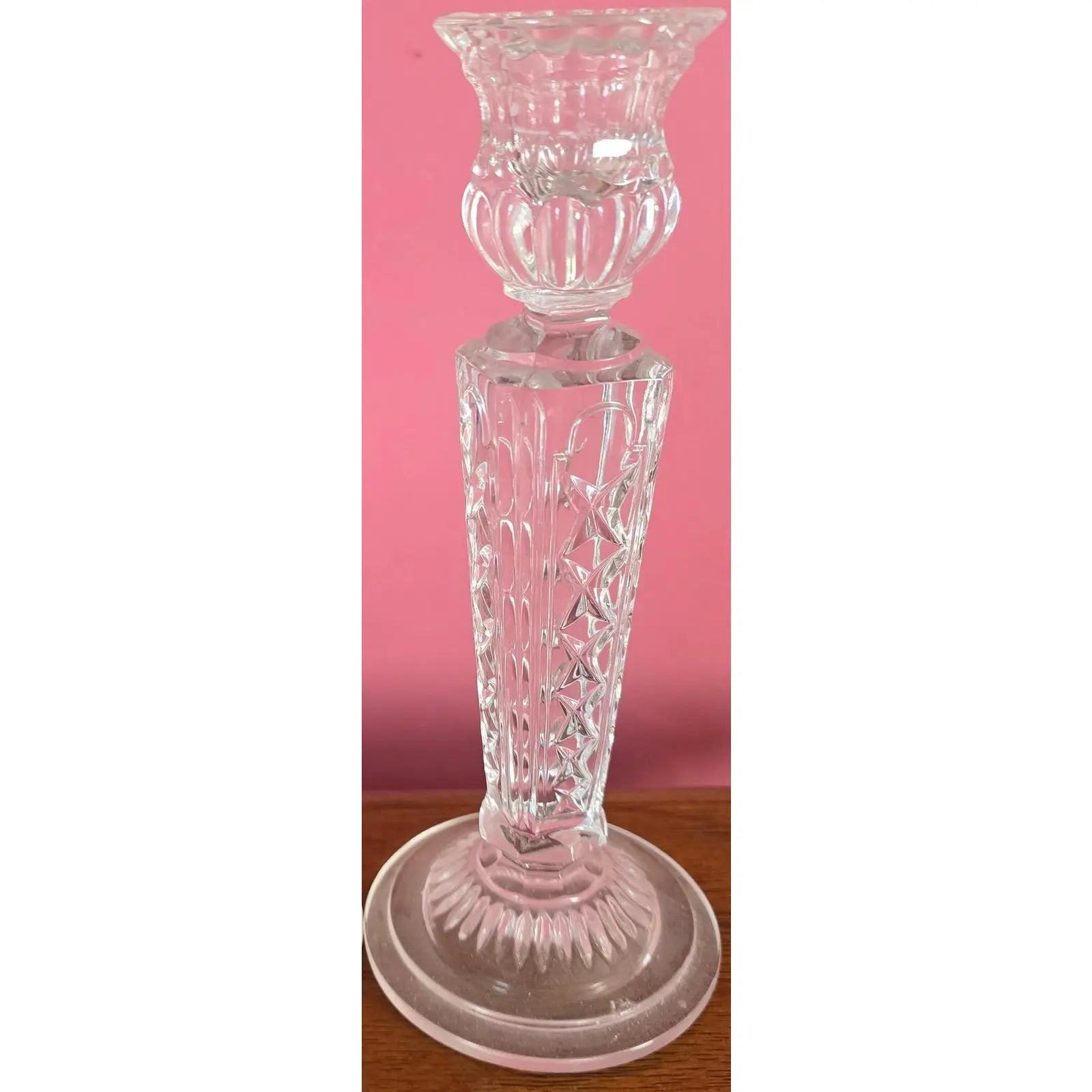 Pair of Vintage Irena Poland 8" Lead Crystal Candlesticks - Diamond & Wedge Cut