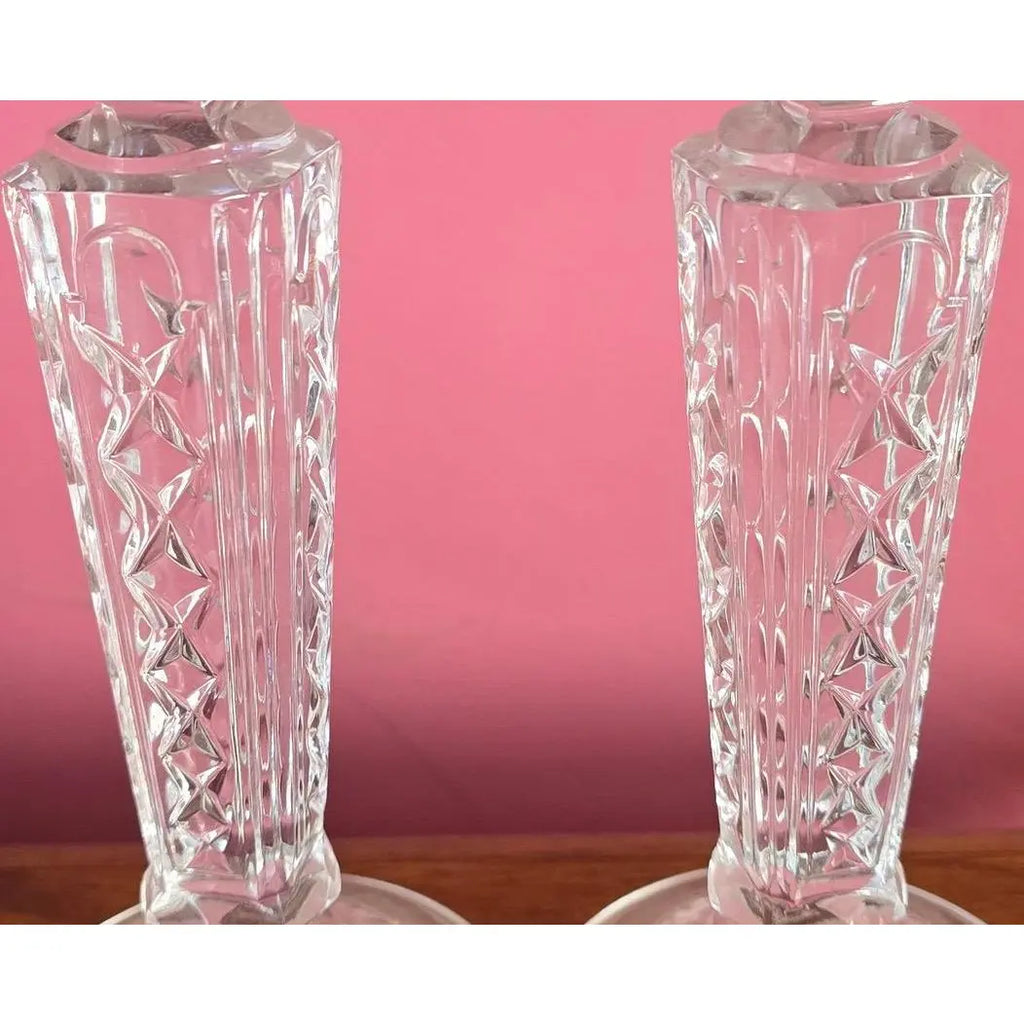 Pair of Vintage Irena Poland 8" Lead Crystal Candlesticks - Diamond & Wedge Cut