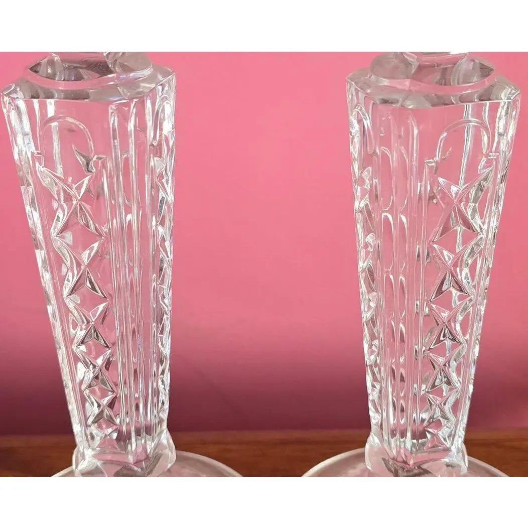 Pair of Vintage Irena Poland 8" Lead Crystal Candlesticks - Diamond & Wedge Cut