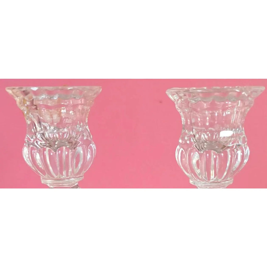 Pair of Vintage Irena Poland 8" Lead Crystal Candlesticks - Diamond & Wedge Cut